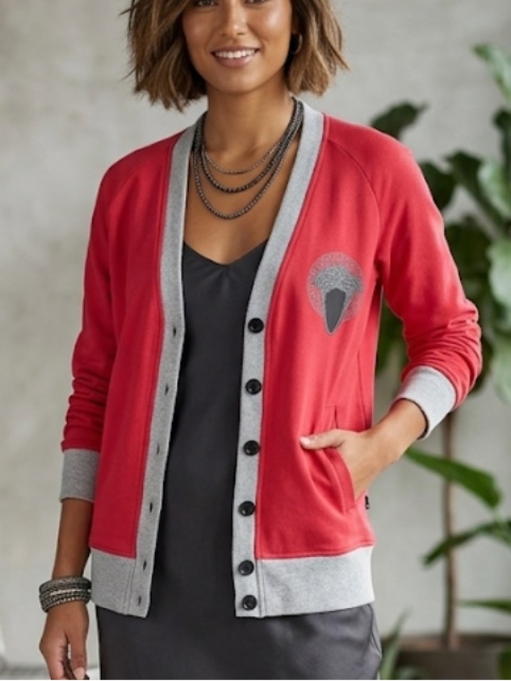 Crooks & Castles 100% cotton Medusa Red Cardigan Gray Trim S